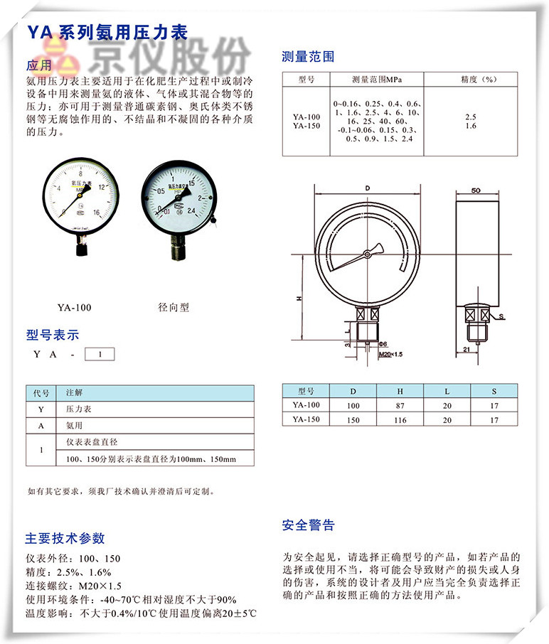 YA系列氨用压力表