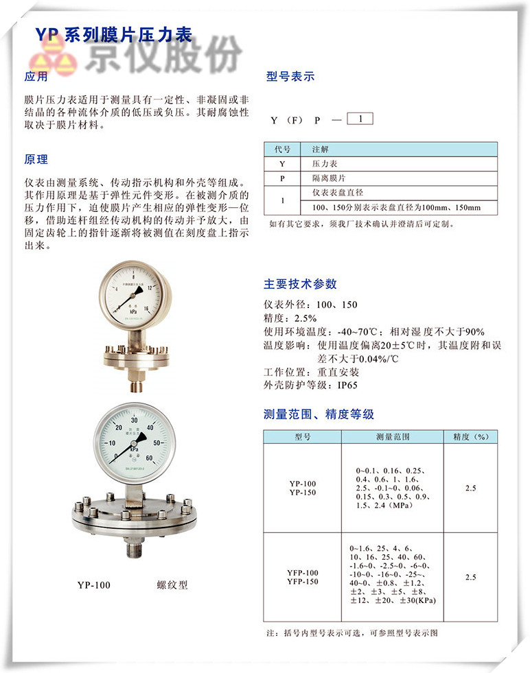 YP系列膜片压力表